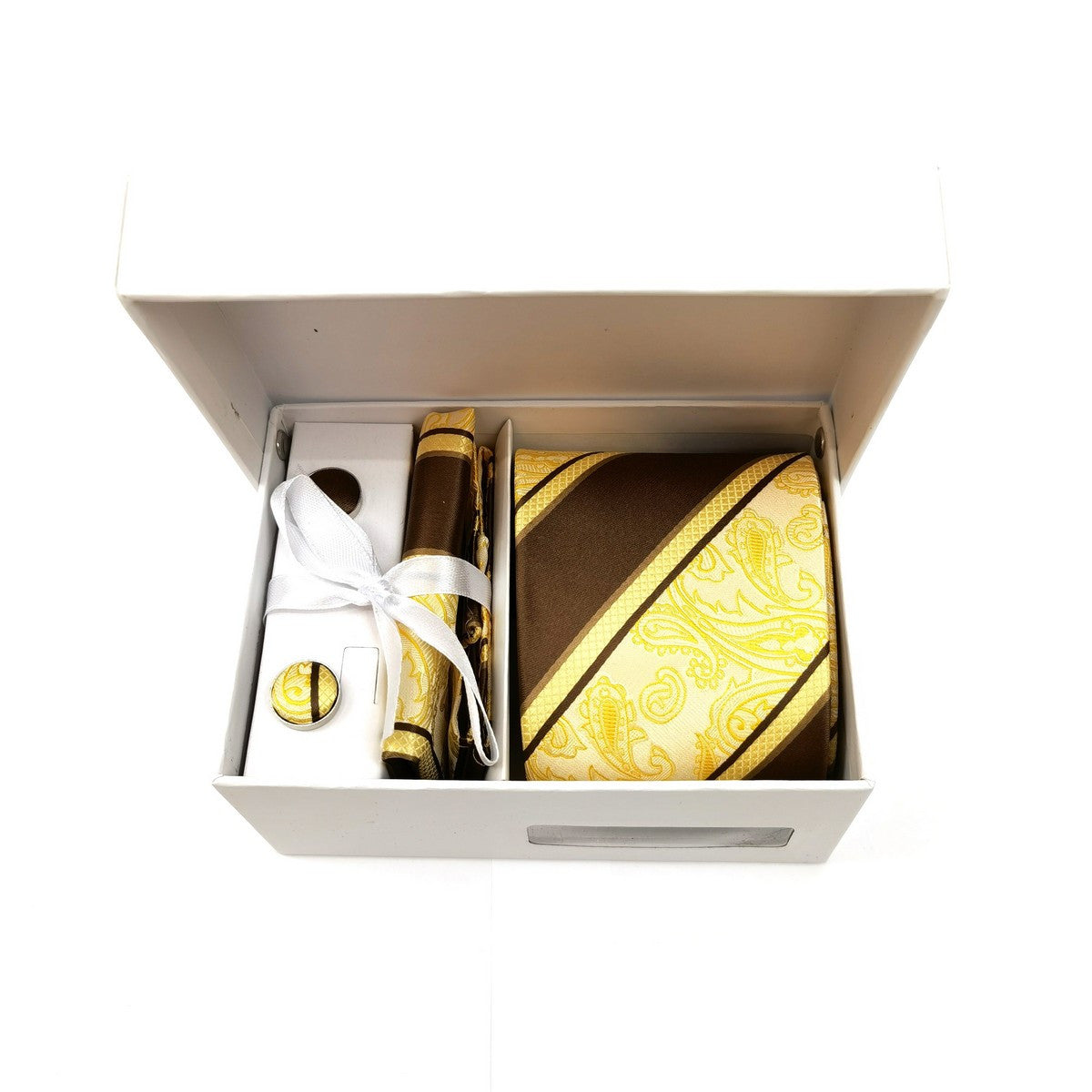 Gold  Brown Paisley Stripe Tie & Cufflinks Set