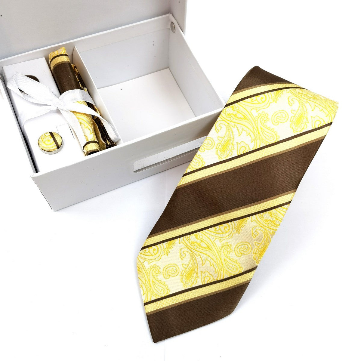 Gold  Brown Paisley Stripe Tie & Cufflinks Set